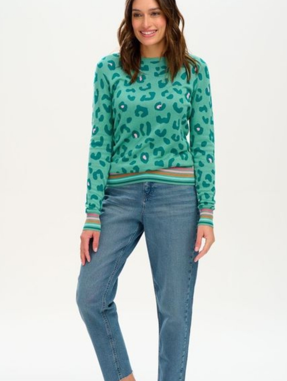 Sugarhill Brighton Callie Jumper Teal Leopard Print‎ Sweater US 6 Cotton Knit